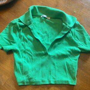 Zara Green Ribbed Polo Crop Top
